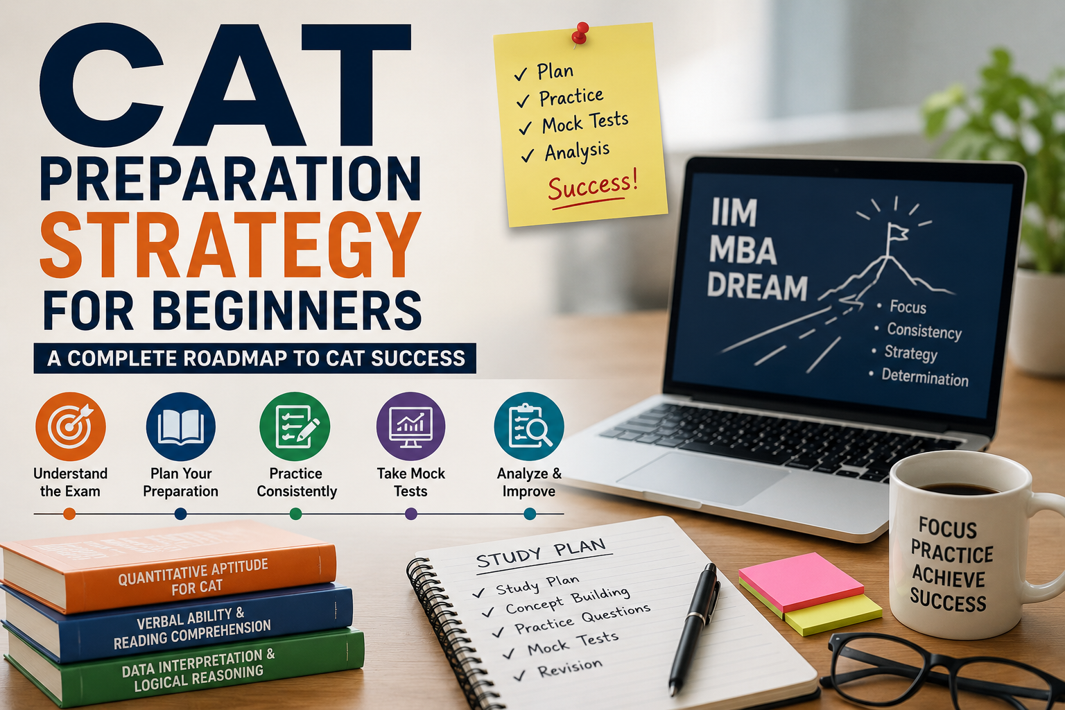 CAT Preparation Strategy for Beginners with study plan, books, mock tests, and roadmap to MBA entrance exam success