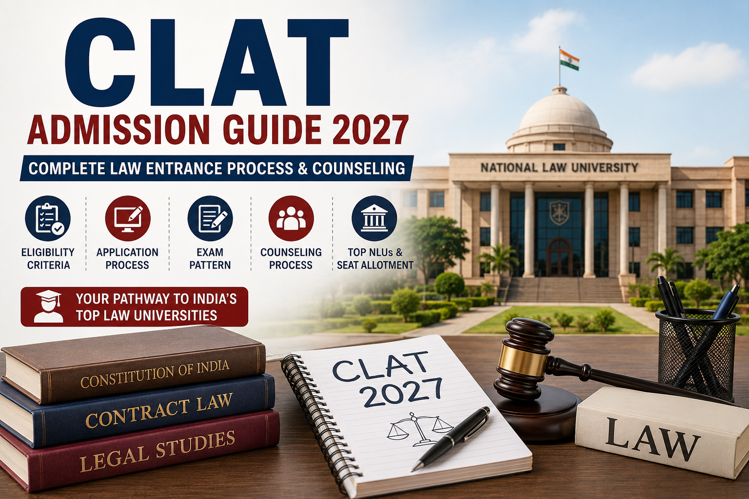 Students preparing for CLAT 2027 admission process with law books and National Law University campus in the background